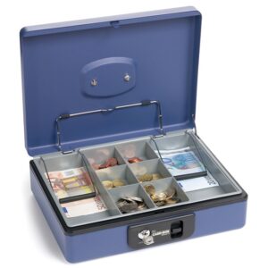 Blaue Geldkassette mit Münzen und Scheinen.