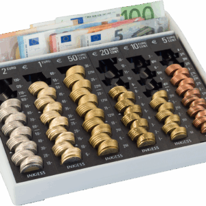 Euro-Münzen und Banknoten in Kasseneinsatz