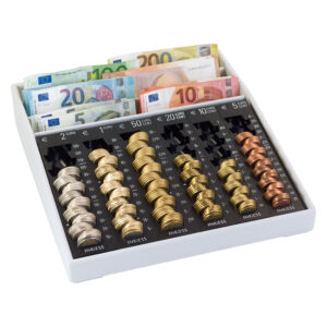 Bargeldkassette mit Euro-Münzen und Scheinen