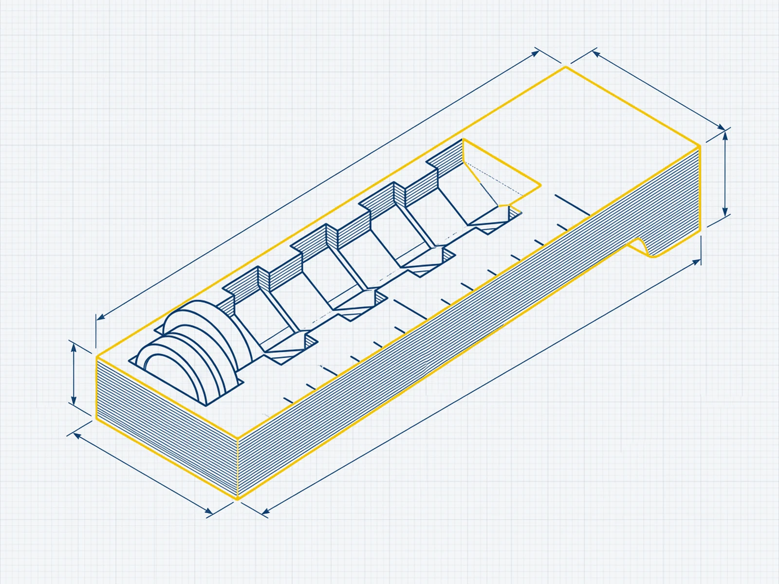 Zeichnung: Einzelmünzbehälter aus dem 3D-Drucker mit gestaffelten Fächern
